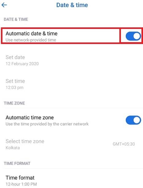 Toggle on the button next to Automatic date & time. If it is already on, then toggle OFF and toggle ON again by tapping on it.