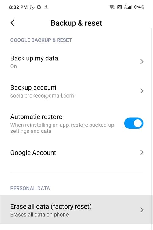 Under Reset, you will find the 'Erase all data (factory reset)' option