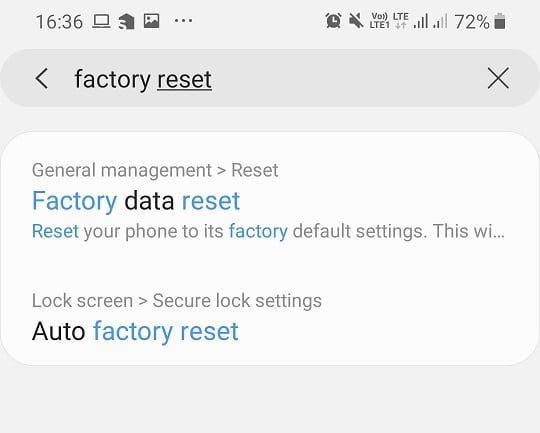 Search for Factory Reset in the search bar
