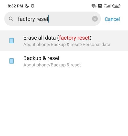 You can also directly search for Factory reset from the search bar