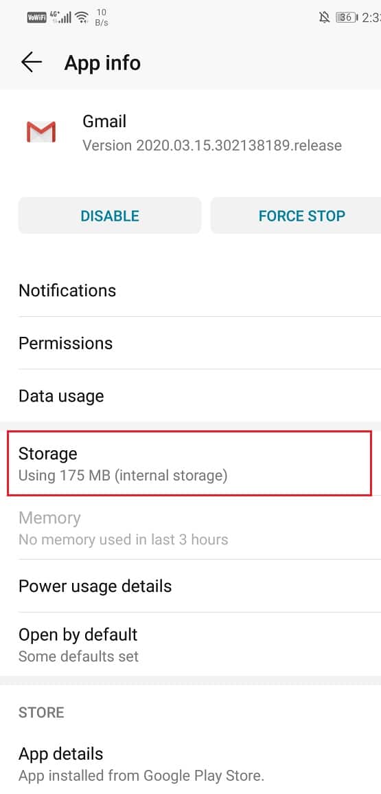 Click on the Storage option | Fix Gmail not sending emails on Android