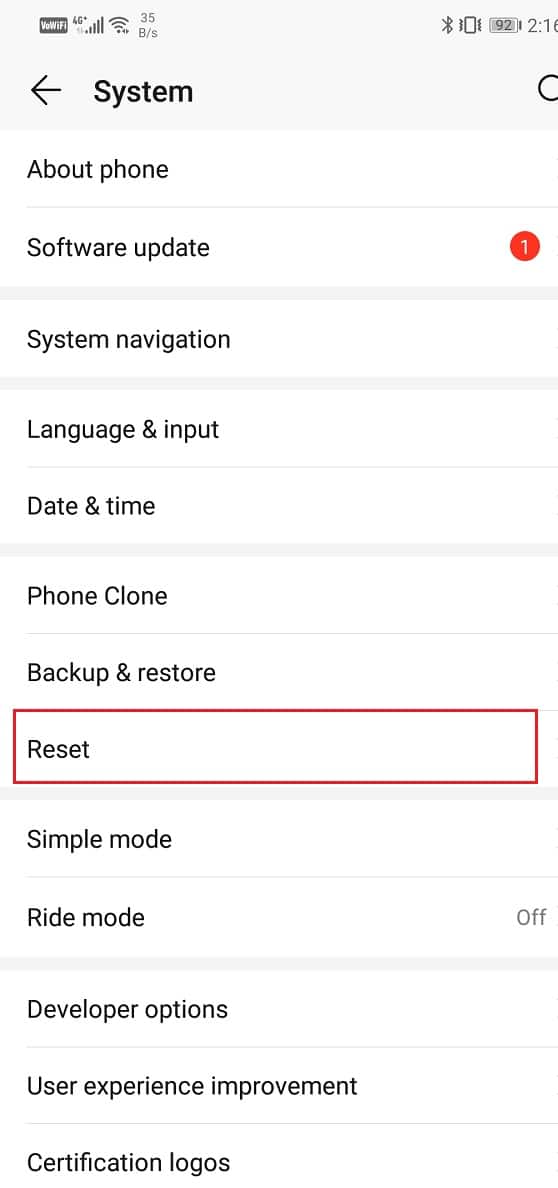 Click on the Reset tab