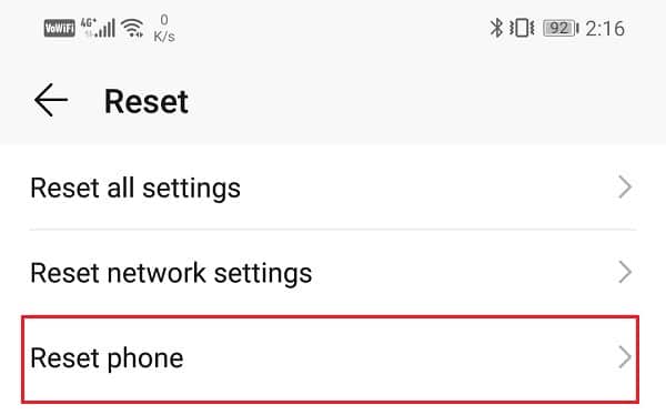 Click on the Reset Phone option