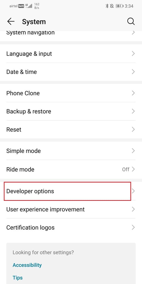 Click on the Developer options