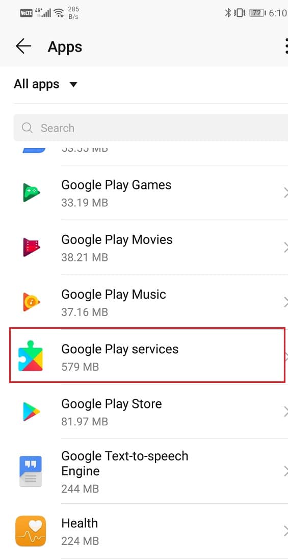 Select the Google Play Services from the list of apps | How to Manually Update Google Play Services