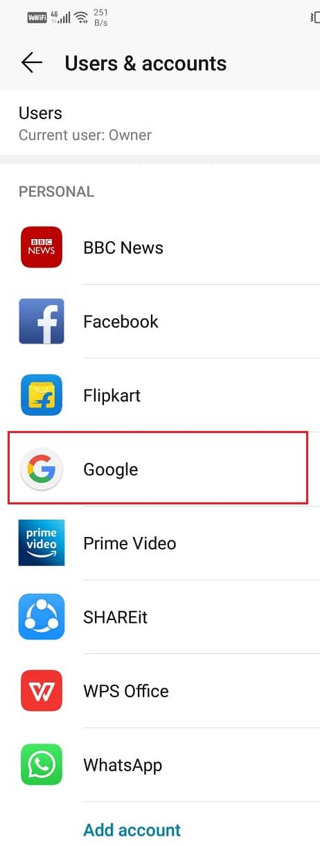 From the given list, tap on the Google icon | Fix Google app not working on Android