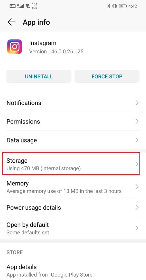 Click on the Storage option | Fix Unable to Access Camera in Instagram on Android