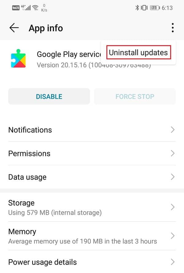 Click on the Uninstall updates option | How to Manually Update Google Play Services