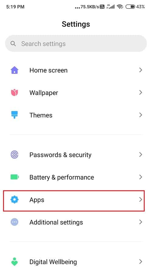 Go to the Settings icon and find Apps