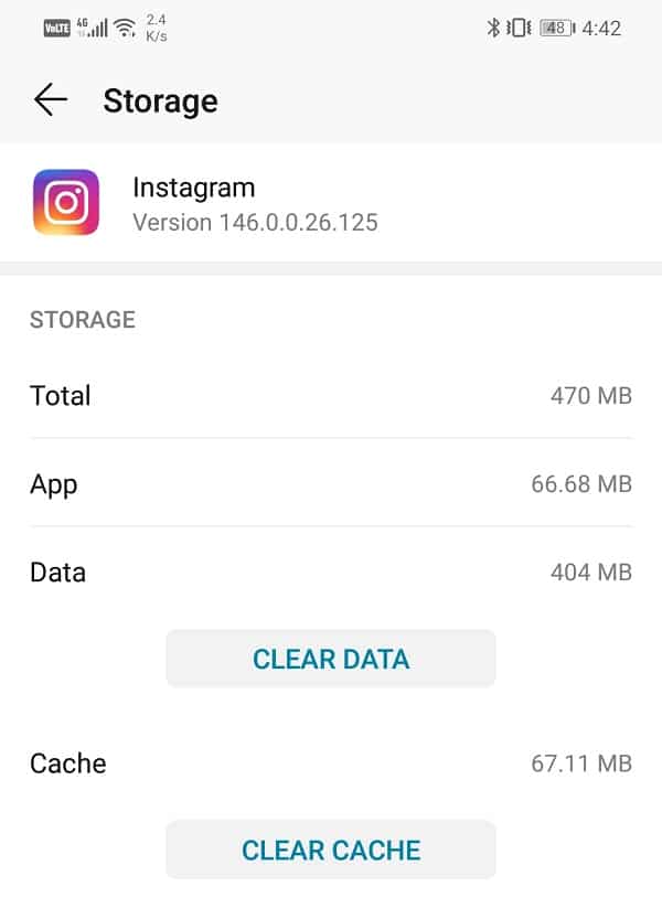 Under Instagram app see the options to clear data and clear cache