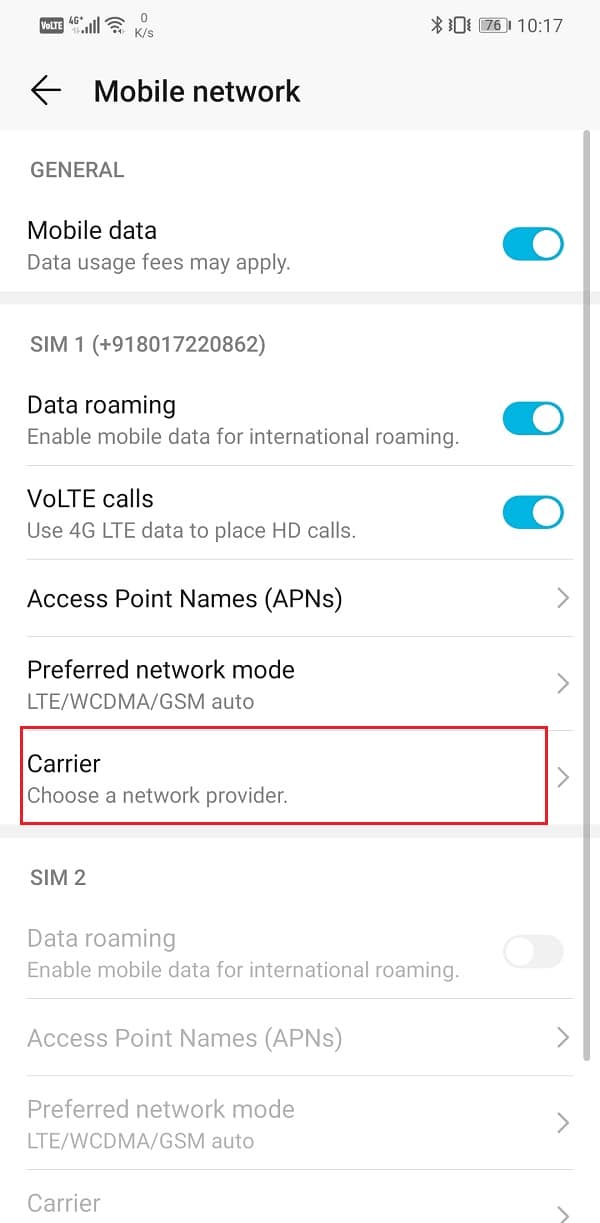 Tap on the Carrier option
