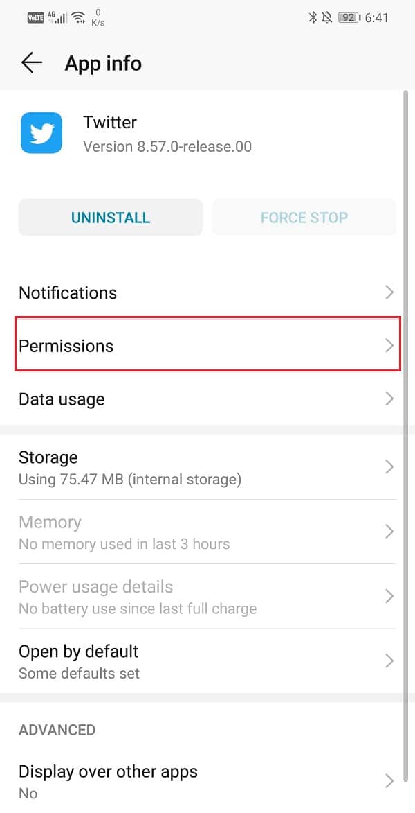 Tap on the Permissions option | Fix Twitter photos not loading