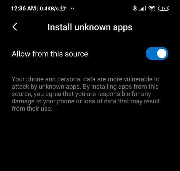Toggle the switch on to enable the installation of apps downloaded
