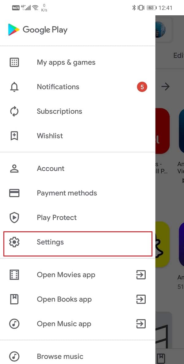 Tap on the Settings option | Fix Google Play Store Errors