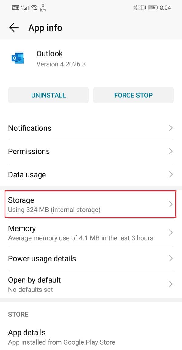 Click on the Storage option | Fix Outlook not syncing on Android