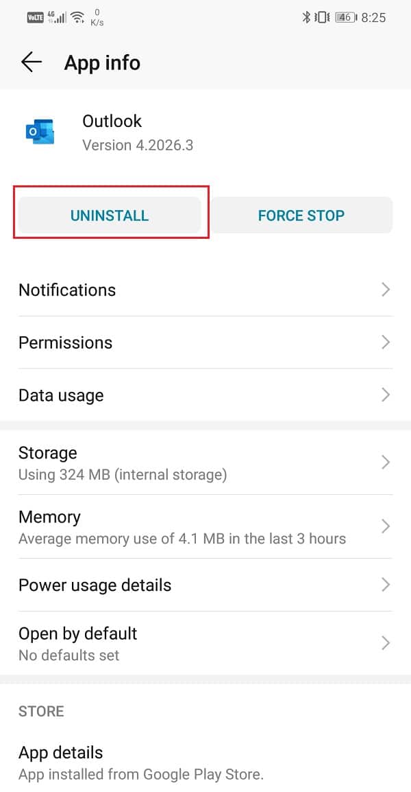 Tap on the Uninstall button | Fix Outlook not syncing on Android