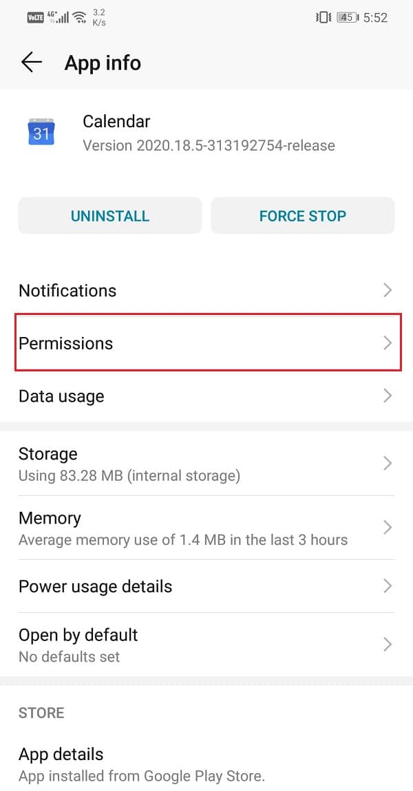 Click on the Permissions option | Fix Google Calendar not syncing on Android
