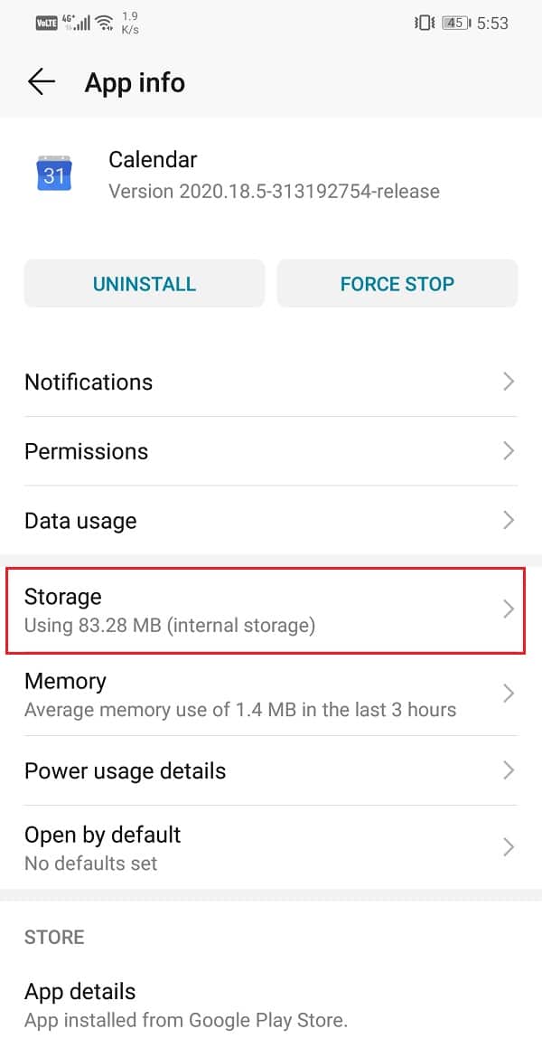 Click on the Storage option | Fix Google Calendar Not Working on Android
