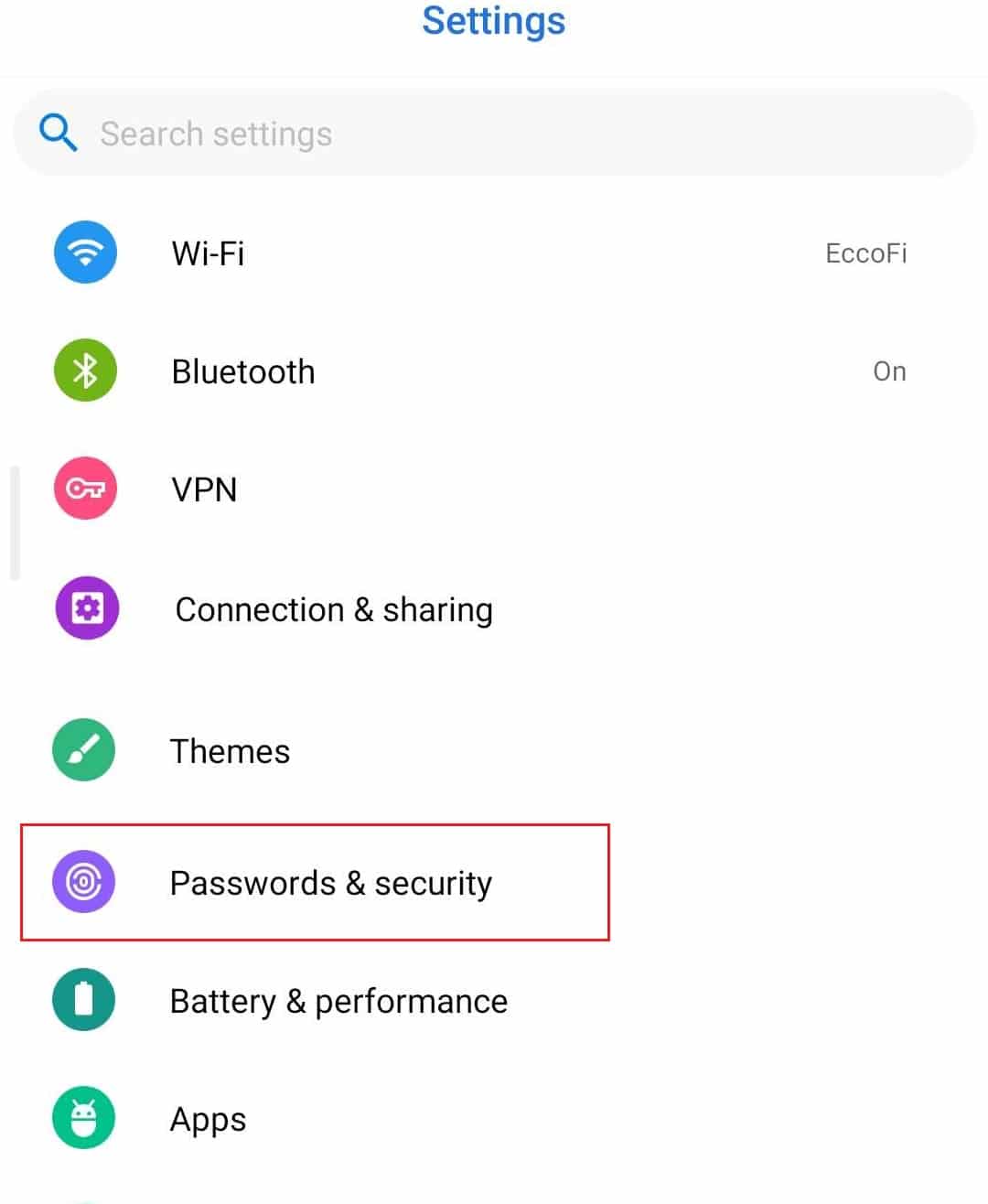 Open Settings on your device and then tap on the password and security option.