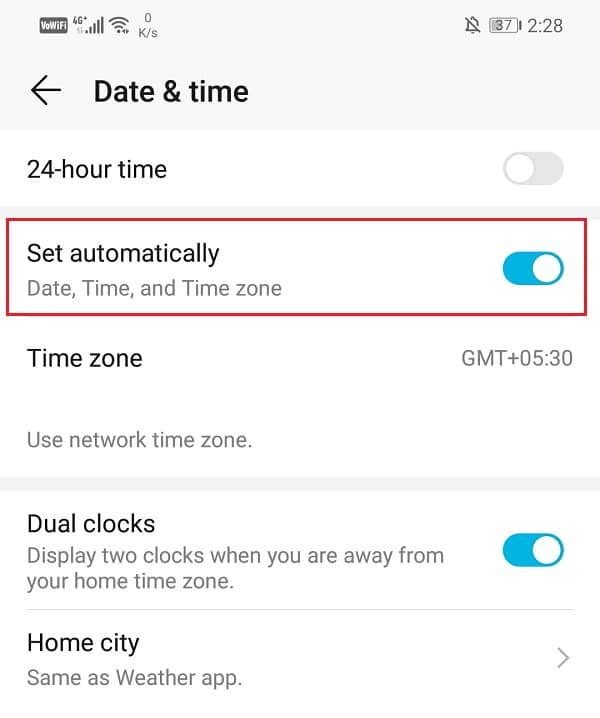 Simply toggle on the Set automatically option | Fix Google Calendar Not Working on Android