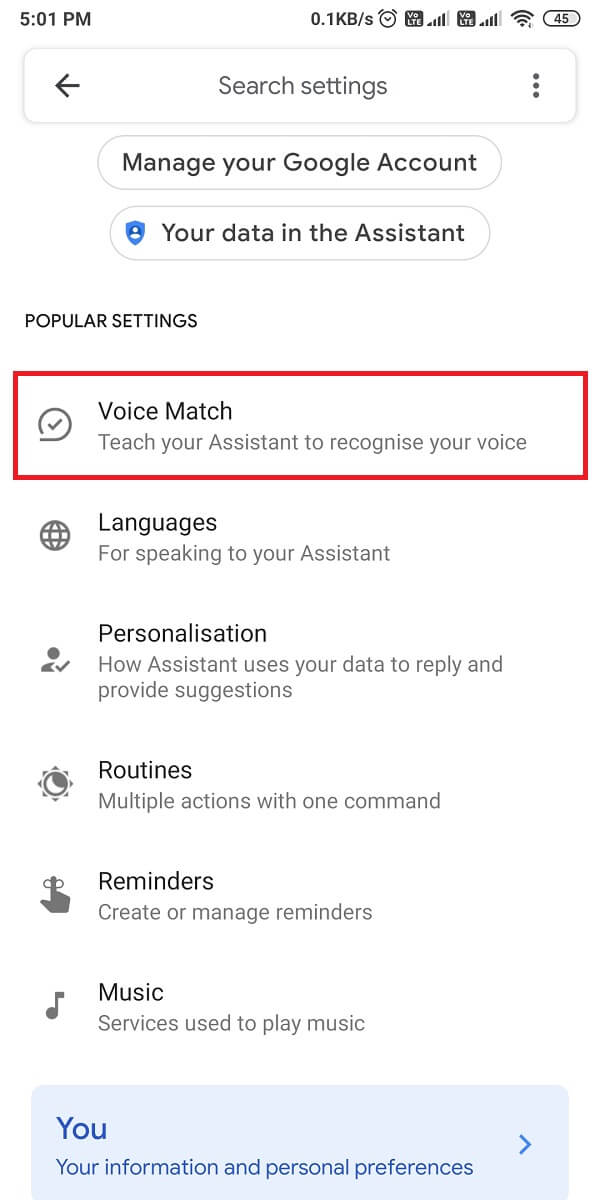 tap on Voice match. | Fix Google Assistant Not Working on Android