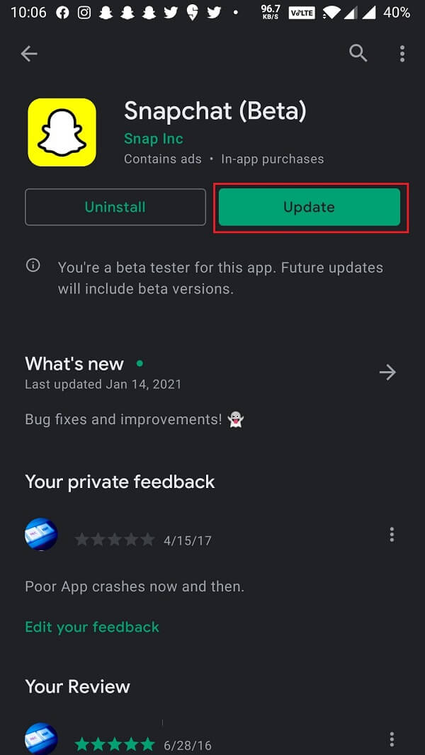 Toqueu el botó Actualitza per actualitzar a la darrera versió de l'aplicació.