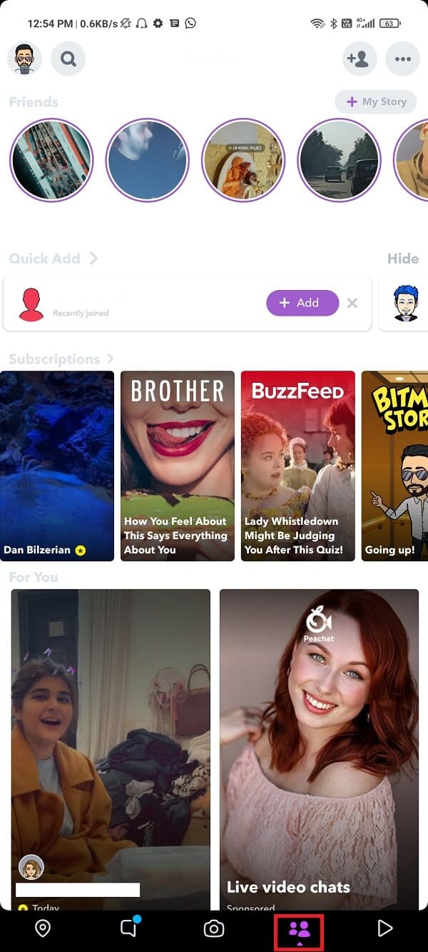 Launch Snapchat and navigate to the Stories section.