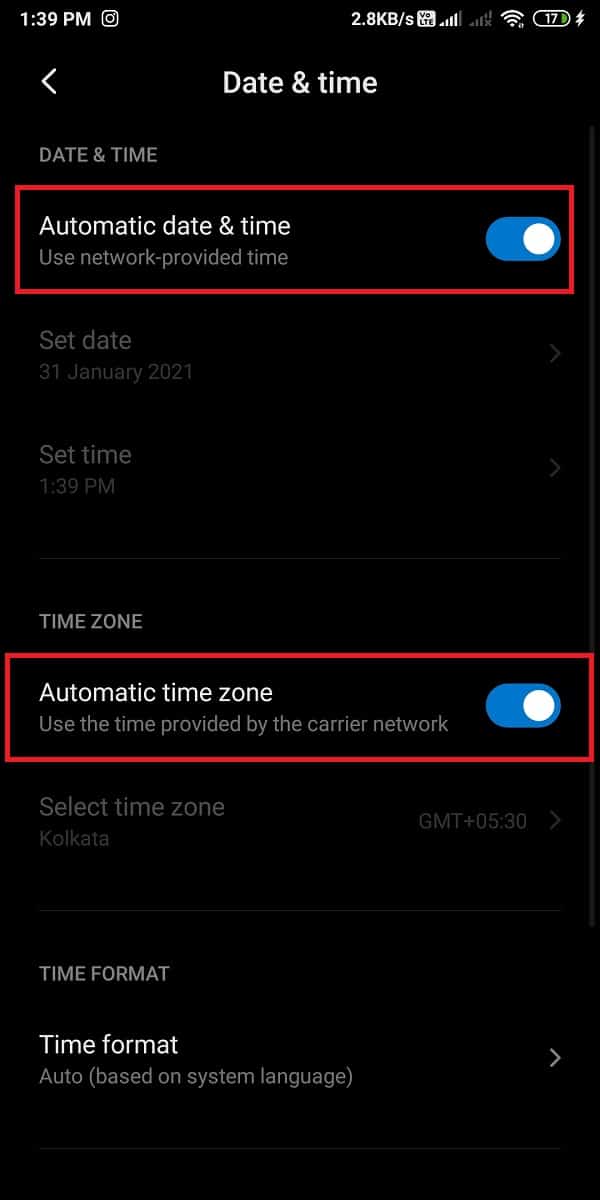 turn on the toggle for ‘Automatic date & time’ and ‘Automatic time zone.’ 
