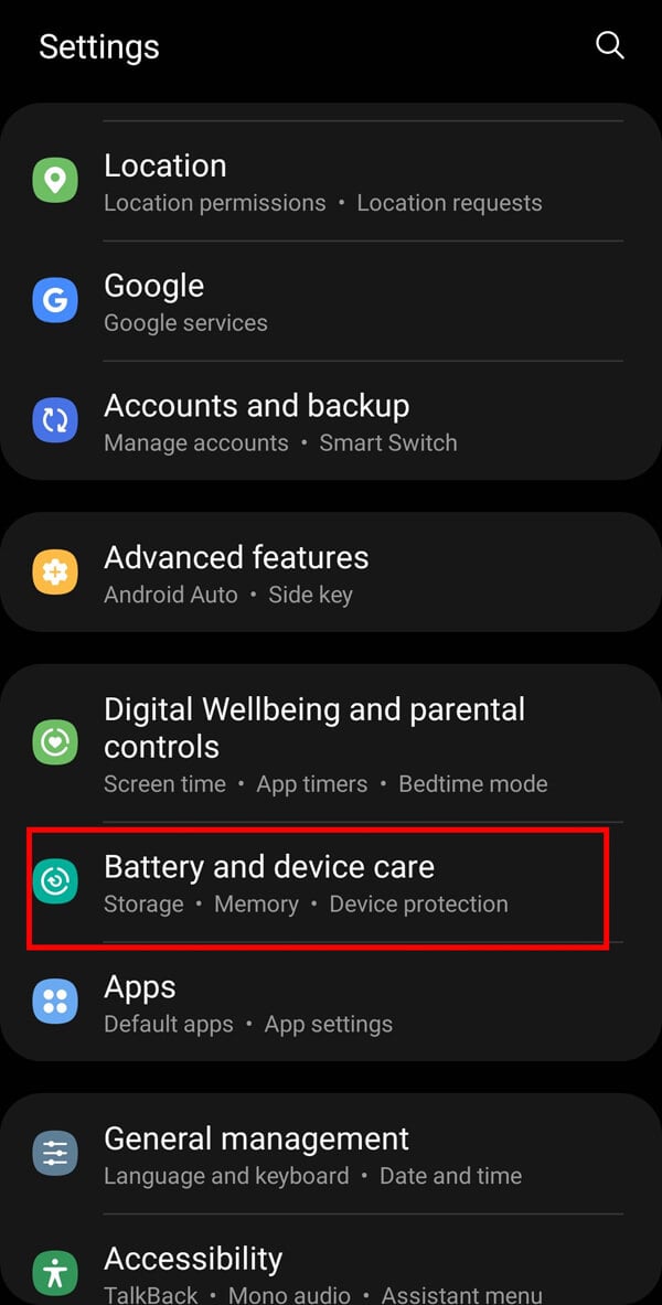 Now, you need to search for Battery and Device Care from the given options.