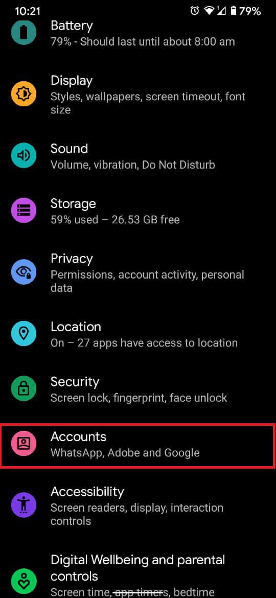 scroll down and tap on ‘Accounts’ to continue. | How to Remove a Google Account from your Android Device