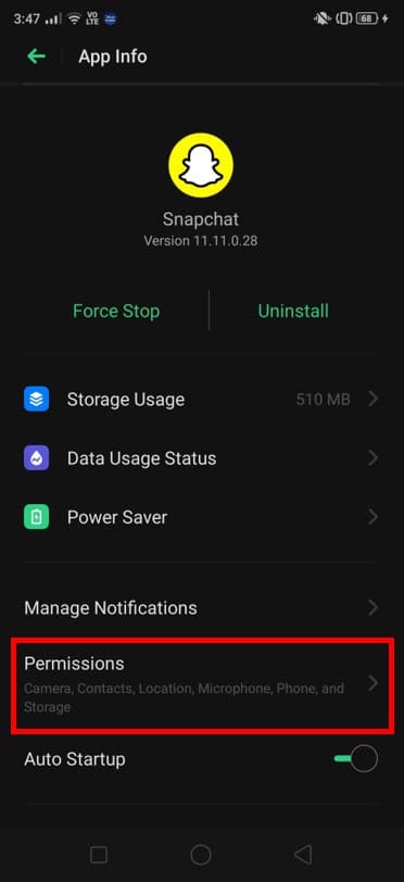 Tap on it and scroll down to the Permissions section and click on it. | How to Allow Camera Access on Snapchat