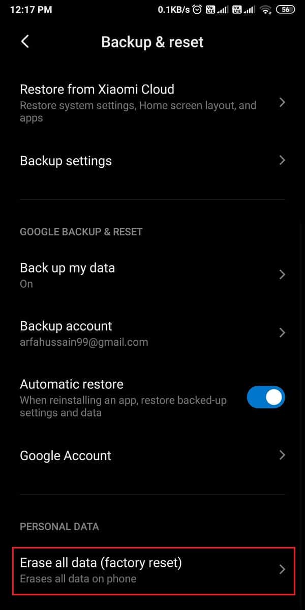 Scroll down and tap on erase all data (factory reset).