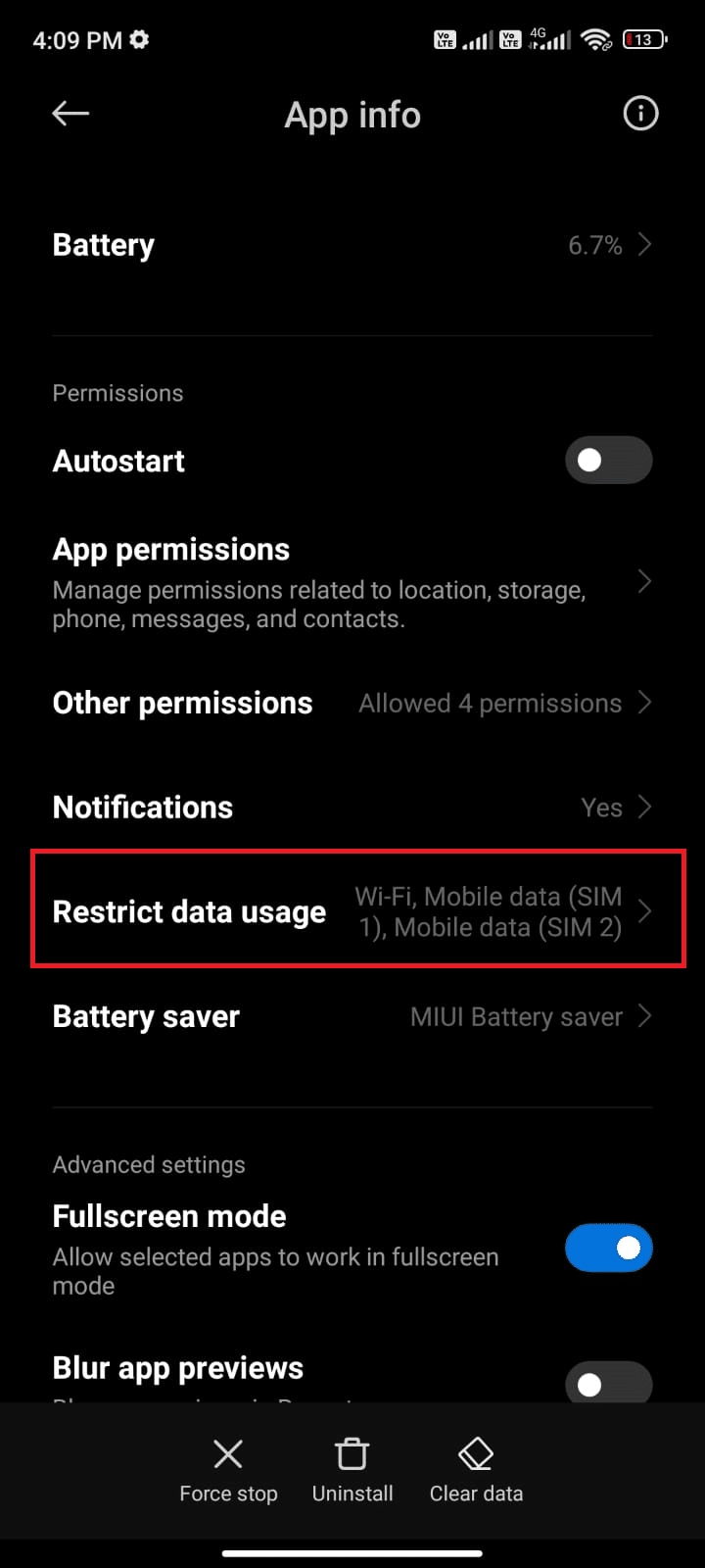 tap on Restricted data usage. Fix WhatsApp Status Not Showing