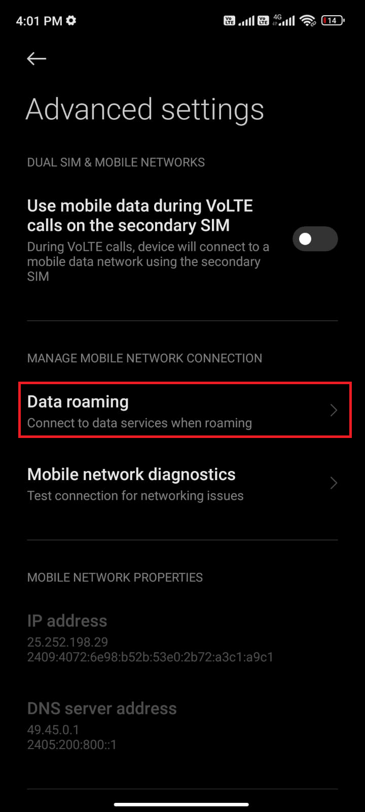 tap on Data roaming. Fix Facebook Session Expired Error