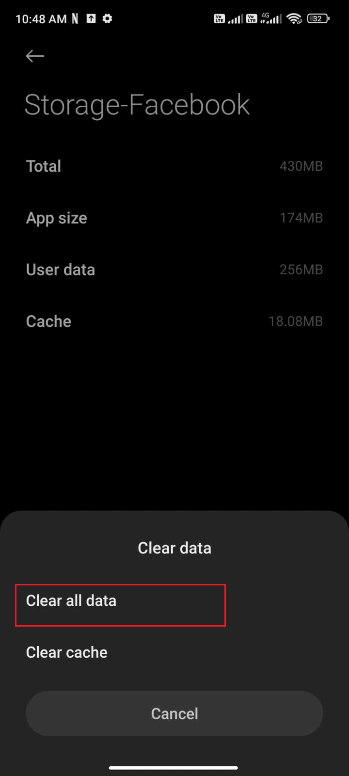 You can also tap Clear all data if you want all data to be deleted in Facebook