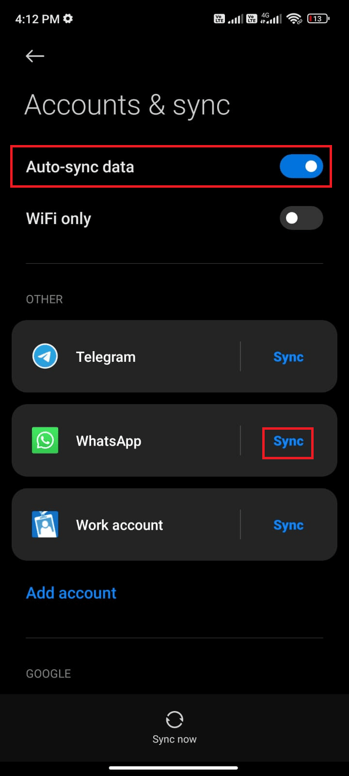 нажмите на опцию синхронизации рядом с WhatsApp