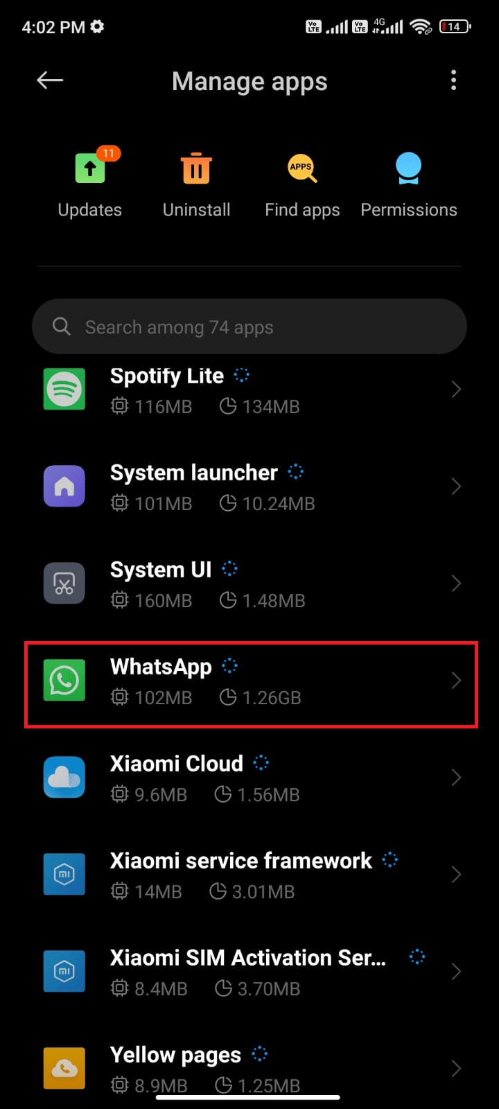 toque Administrar aplicaciones y luego WhatsApp. Arreglar WhatsApp dejó de funcionar hoy en Android