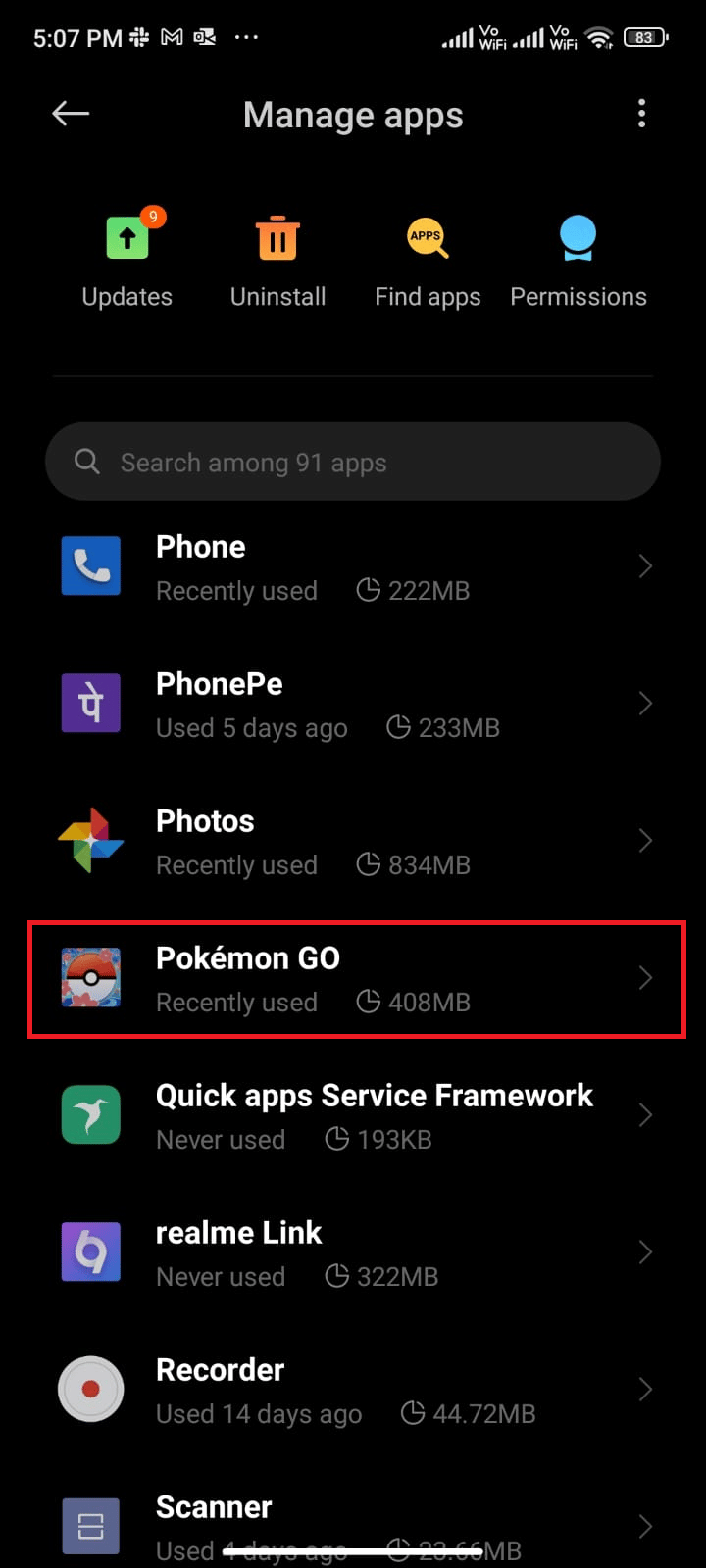 tap on Manage apps and then tap Pokémon GO 