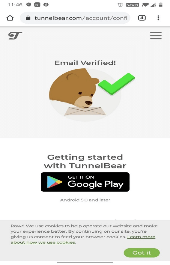 Tunnel Bear web page, where it will display Email Verified