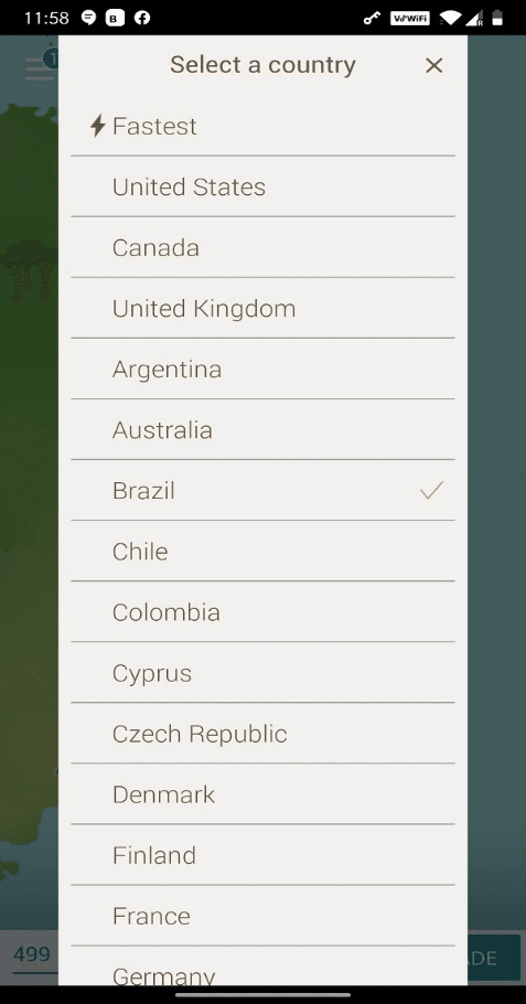 Select any country at the bottom of the screen