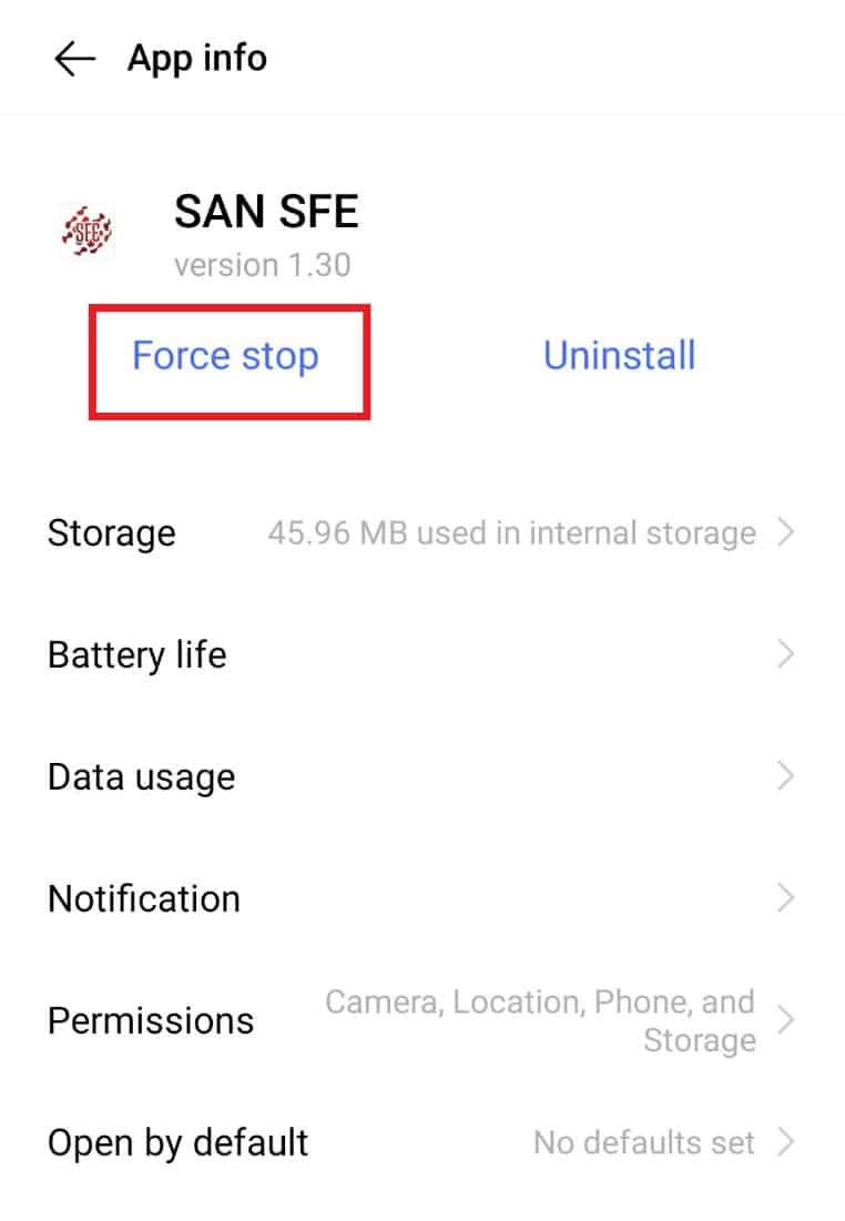 Tap su Force stop
