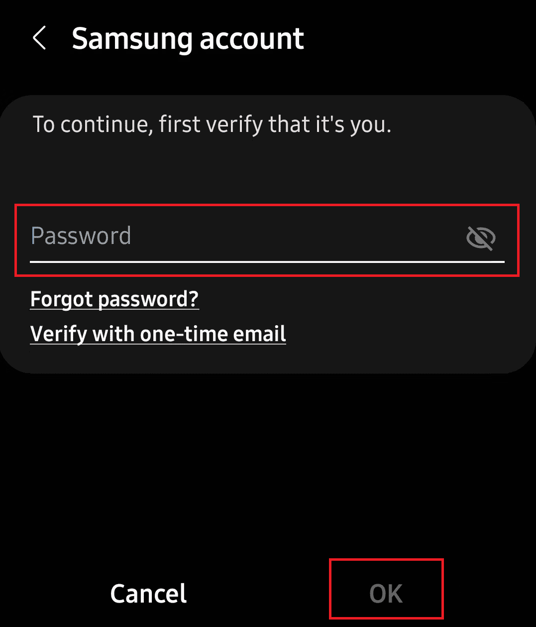 Enter your Samsung account Password and tap on OK