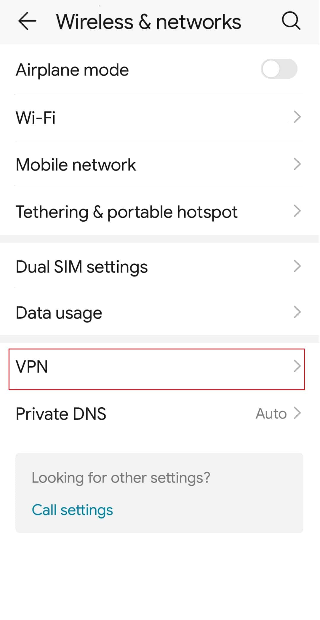 اضغط على خيار VPN