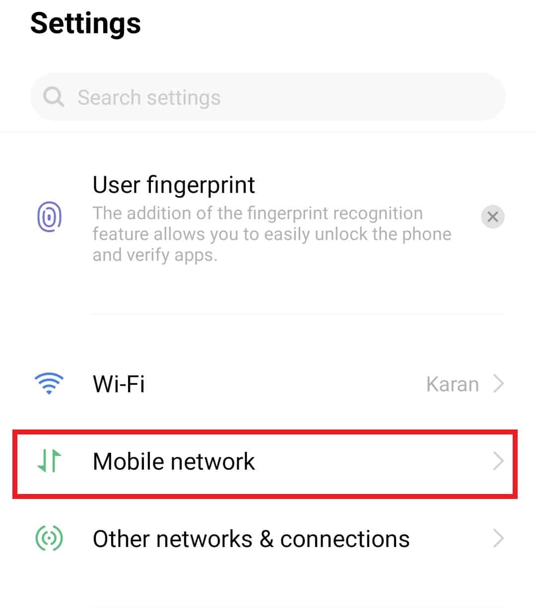 Tap on Mobile network