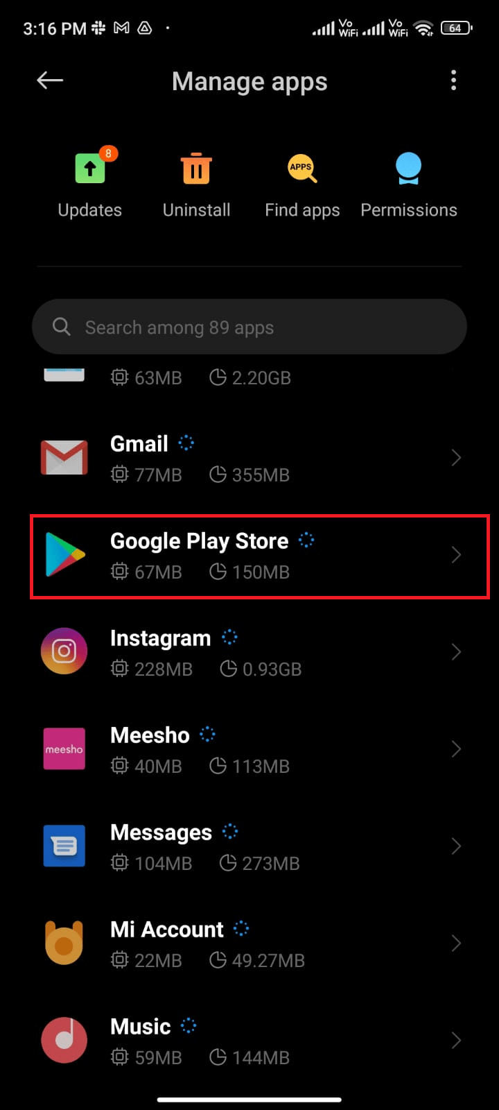 tap on Manage apps followed by Google Play Store