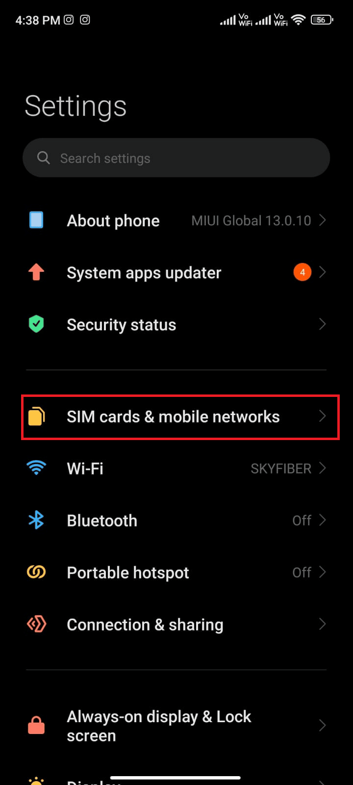 tap the SIM cards and mobile networks option