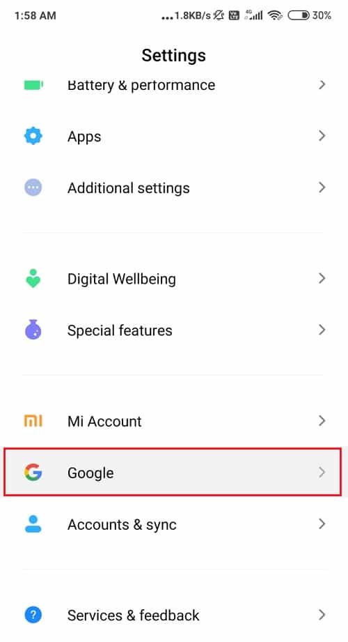 Look for Settings in the App drawer and find Google
