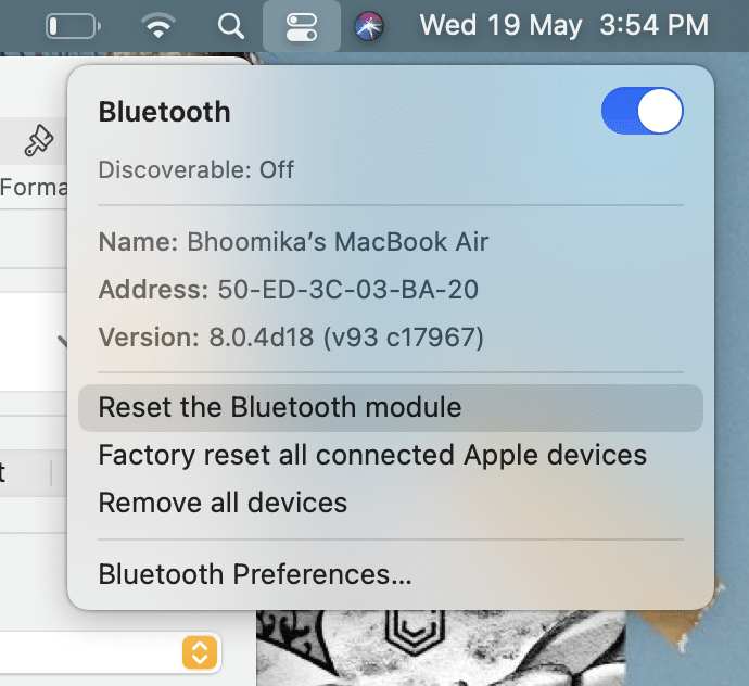 Cliquez sur Réinitialiser le module Bluetooth. Problèmes avec macOS Big Sur