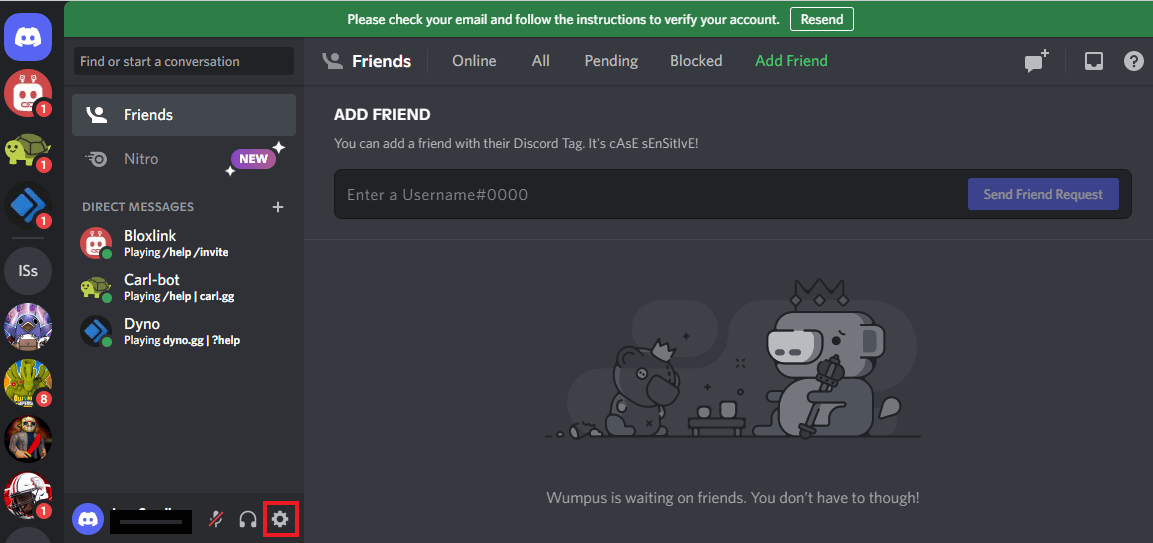 Click on the Settings icon. 5 Ways to Fix Discord Friend Request Failed Error