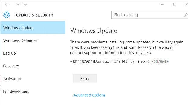 Windows-ის განახლების წარუმატებლობის გამოსწორება შეცდომით 0x80070543